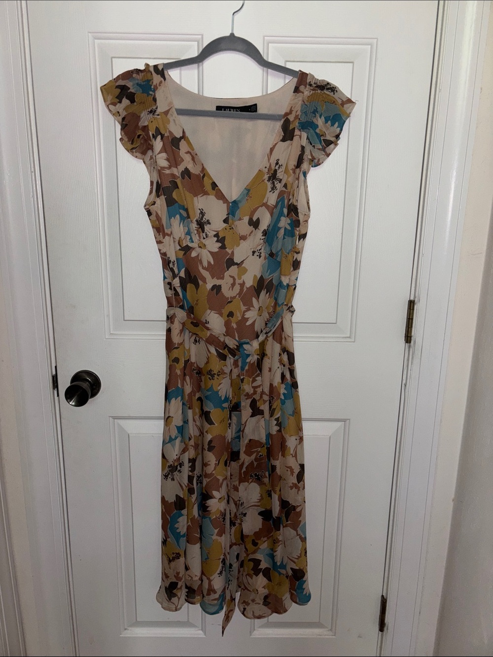 Lauren Ralph Lauren Floral V-Neck Midi Dress in Beige and Blue
